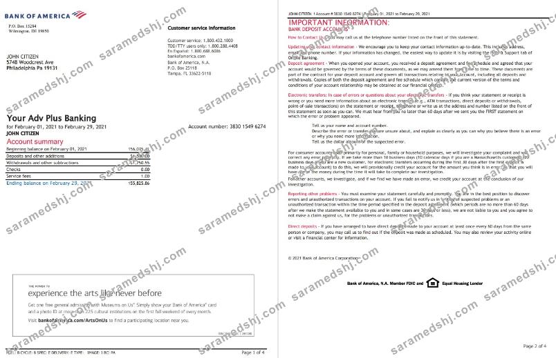 USA Bank of America bank statement template in Excel and PDF format (4 pages), version 3